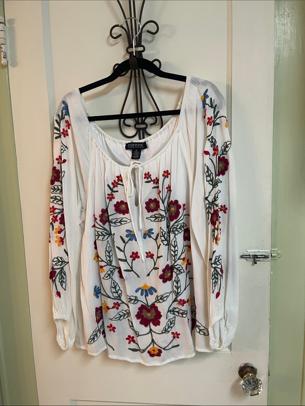 Context White Peasant Blouse with Multicolor Floral Embroidery